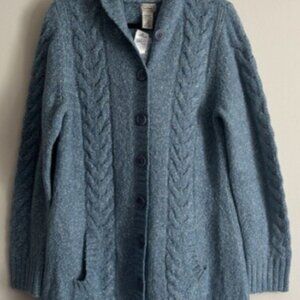 NWT LL Bean Swift River Hooded Cable Knit Cardigan Blue Wool Blend Outdoor LARGE